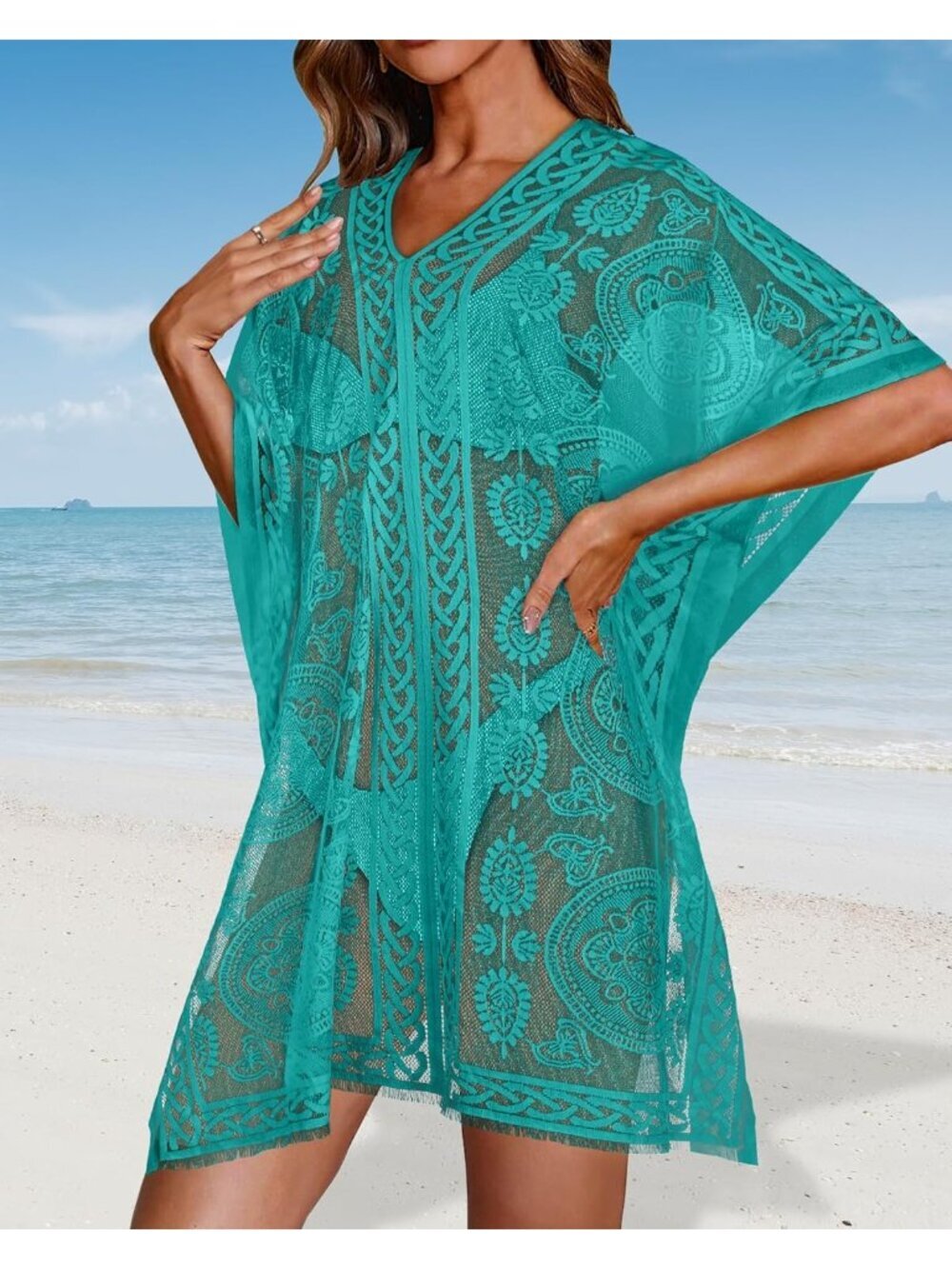 〽️Women Lake Blue V Neck Beach Loose Bikini Lace Bathing Suit Polyester Cover Up